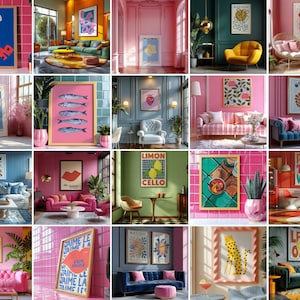 May include: A collection of framed art prints displayed in various interior settings. The prints feature diverse styles, including abstract designs, still life, and graphic illustrations. The color palettes range from vibrant pinks and blues to earthy tones, creating a visually appealing display.