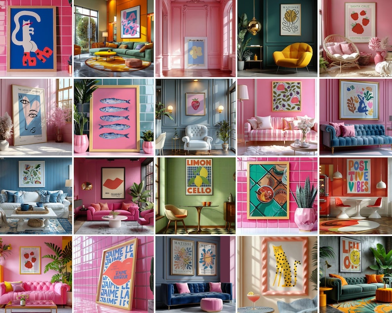 May include: A collection of framed art prints displayed in various interior settings. The prints feature diverse styles, including abstract designs, still life, and graphic illustrations. The color palettes range from vibrant pinks and blues to earthy tones, creating a visually appealing display.