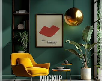 Vibrant Art Deco Frame Mockup, Single Vertical Wall Art Mockup, Modern Poster Display, Bold Modern Artwork Mockup PSD for Photoshop Photopea