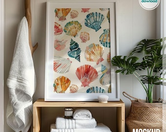Washroom Frame Mockup for Bathroom Art Print Display, Frame Mockup on Shelve, Clean Aesthetic, Bathroom Framed Canvas Mockup for Photoshop