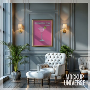 Vintage gouden lijstmodel voor kunstwerk, verticaal ingelijst canvasmodel, luxe muurkunstmodel, grijs interieurpostermodel PSD voor Photoshop