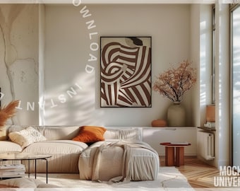 Mockup di cornice per casa moderna, mockup di poster verticale, mockup di cornice per arte murale, mockup di interni per casa in formato PSD, modello di tela incorniciata per Photoshop