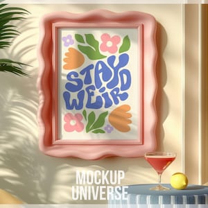 Wavy Pink Frame Mockup, Colorful Poster Mockup, Trendy Frame Template, Retro Frame Mockup PSD, Digital Wall Art Mockup for Modern Painting
