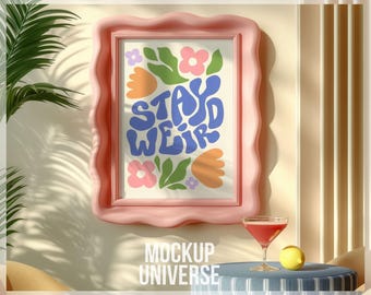 Wavy Pink Frame Mockup, Colorful Poster Mockup, Trendy Frame Template, Retro Frame Mockup PSD, Digital Wall Art Mockup for Modern Painting