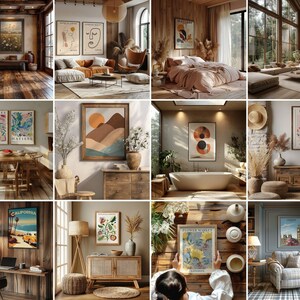 May include: A collage of nine images showcasing various interior design styles featuring artwork, furniture, and decor. The images include a living room with a brown leather sofa, a bedroom with a wooden bed frame, a bathroom with a white bathtub, a dining room with a wooden table and chairs, a home office with a wooden desk and chair, a kitchen with a wooden countertop, a hallway with a wooden floor, a living room with a wooden coffee table, and a bedroom with a wooden nightstand.