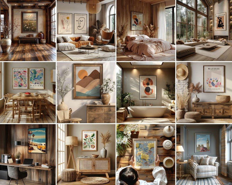 May include: A collage of nine images showcasing various interior design styles featuring artwork, furniture, and decor. The images include a living room with a brown leather sofa, a bedroom with a wooden bed frame, a bathroom with a white bathtub, a dining room with a wooden table and chairs, a home office with a wooden desk and chair, a kitchen with a wooden countertop, a hallway with a wooden floor, a living room with a wooden coffee table, and a bedroom with a wooden nightstand.