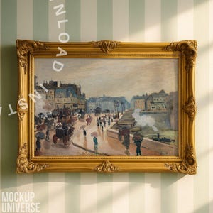 May include: A framed landscape painting with a gold ornate frame. The artwork depicts a street scene with figures, carriages, and buildings. The painting has a muted color palette, with shades of gray, brown, and blue. The frame is rectangular and has detailed carvings.