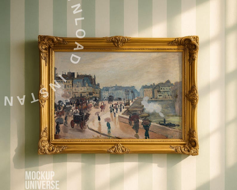 May include: A framed landscape painting with a gold ornate frame. The artwork depicts a street scene with figures, carriages, and buildings. The painting has a muted color palette, with shades of gray, brown, and blue. The frame is rectangular and has detailed carvings.