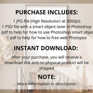 May include: Text overlay on a white background with the words "PURCHASE INCLUDES:" followed by a list of digital files included in the purchase. The text "INSTANT DOWNLOAD:" is below the list, followed by a description of the download process. The text "NOTE:" is below the description, followed by the text "More information in description".
