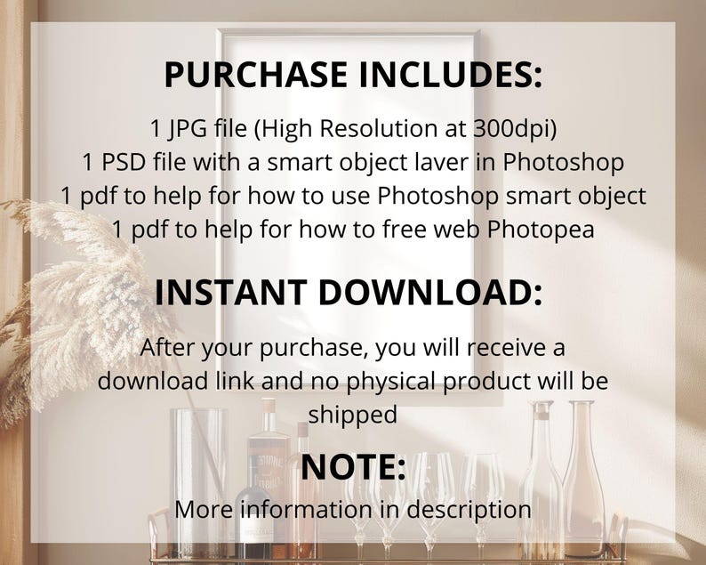May include: Text overlay on a white background with the words "PURCHASE INCLUDES:" followed by a list of digital files included in the purchase. The text "INSTANT DOWNLOAD:" is below the list, followed by a description of the download process. The text "NOTE:" is below the description, followed by the text "More information in description".