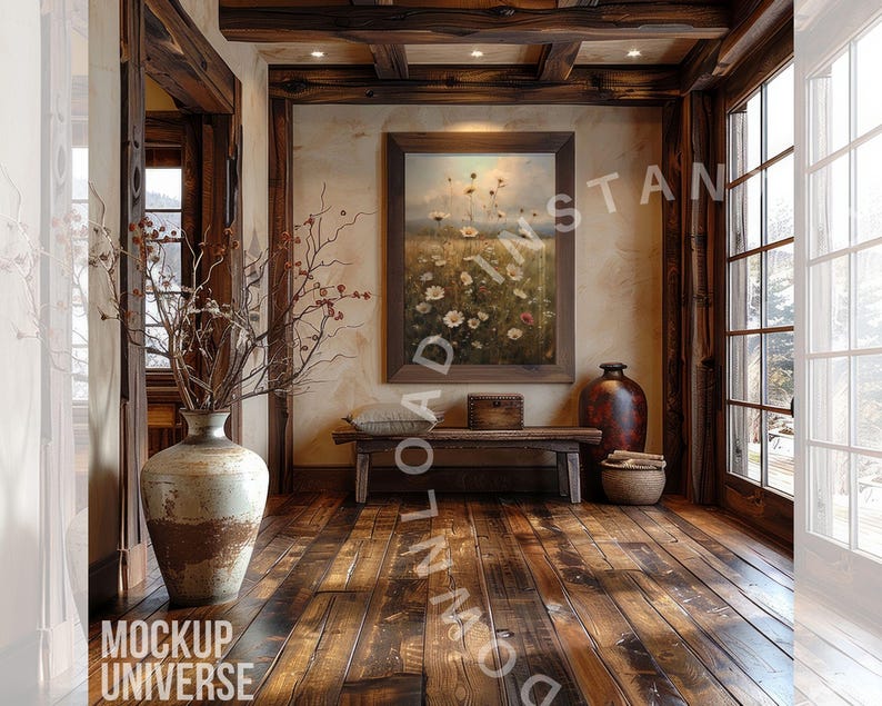 May include: A rustic living room with wooden beams, a large window, and a framed floral painting. A wooden bench sits in front of the painting, and a vase with dried branches sits on the floor.