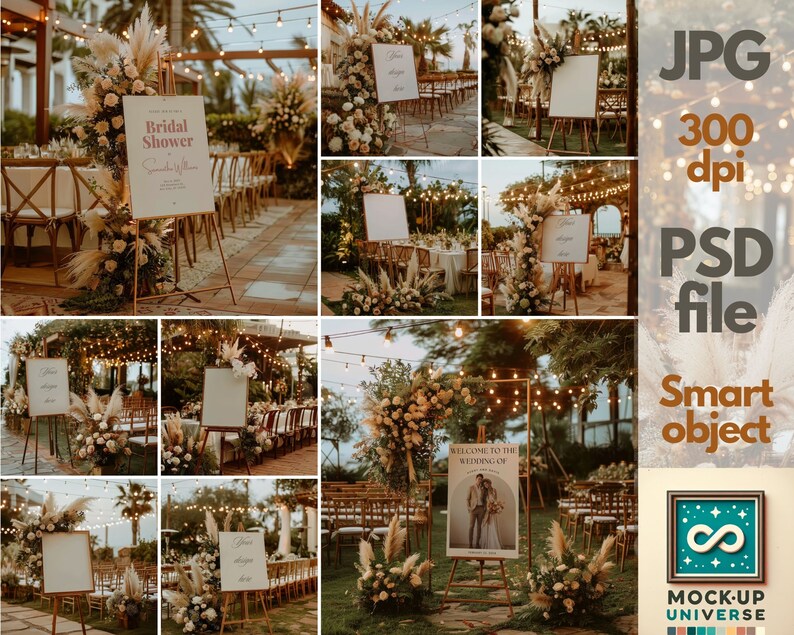 May include: A wedding sign mockup with a rustic theme. The sign is on a wooden easel and has a white background with black text. The text reads "Welcome to the Wedding on". The sign is surrounded by greenery and flowers.