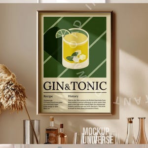 May include: A framed poster with a green background and a white border. The poster features a stylized illustration of a gin and tonic cocktail with lime and ice. The text on the poster reads "Gin & Tonic", "Recipe", and "History".
