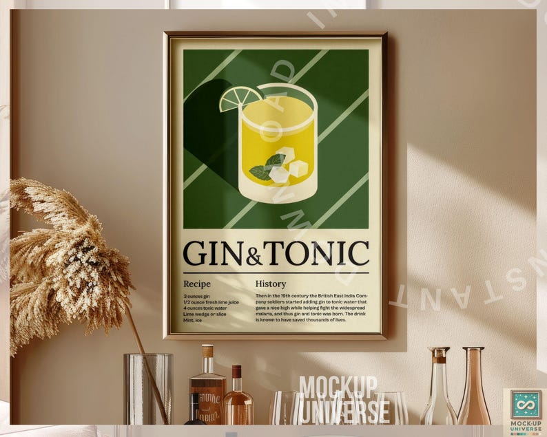 May include: A framed poster with a green background and a white border. The poster features a stylized illustration of a gin and tonic cocktail with lime and ice. The text on the poster reads "Gin & Tonic", "Recipe", and "History".