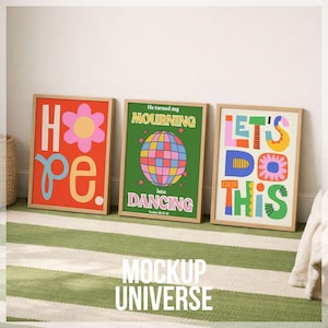 May include: Three framed art prints with inspirational messages. The first print says "HOPE" with a flower graphic, the second says "He turned my MOURNING into DANCING", and the third says "LET'S DO THIS". The prints have a retro style.