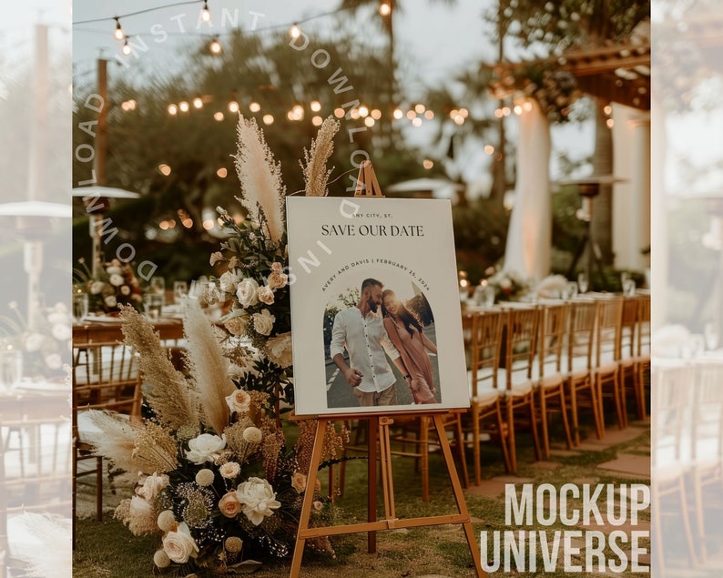 May include: A white sign with the text "Save Our Date" and a photo of a couple in front of a blurred background of a wedding reception with white chairs and a greenery archway. The sign is on a wooden easel.