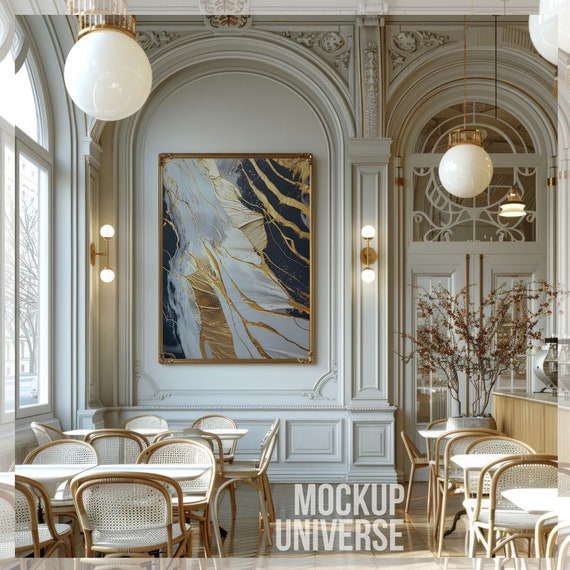 Elegant Restaurant Frame Mockup, Luxury Gold Framed Canvas Mockup, Cafe Poster Mockup, Chic Wall Art Display, Cafe Artwork Display PSD