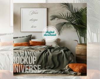 Single Frame Mockup For Boho Chic Bedroom , Farmhouse Home Decor Artwork Display, Bedside Interior Wall Art Template, PSD Smart Object