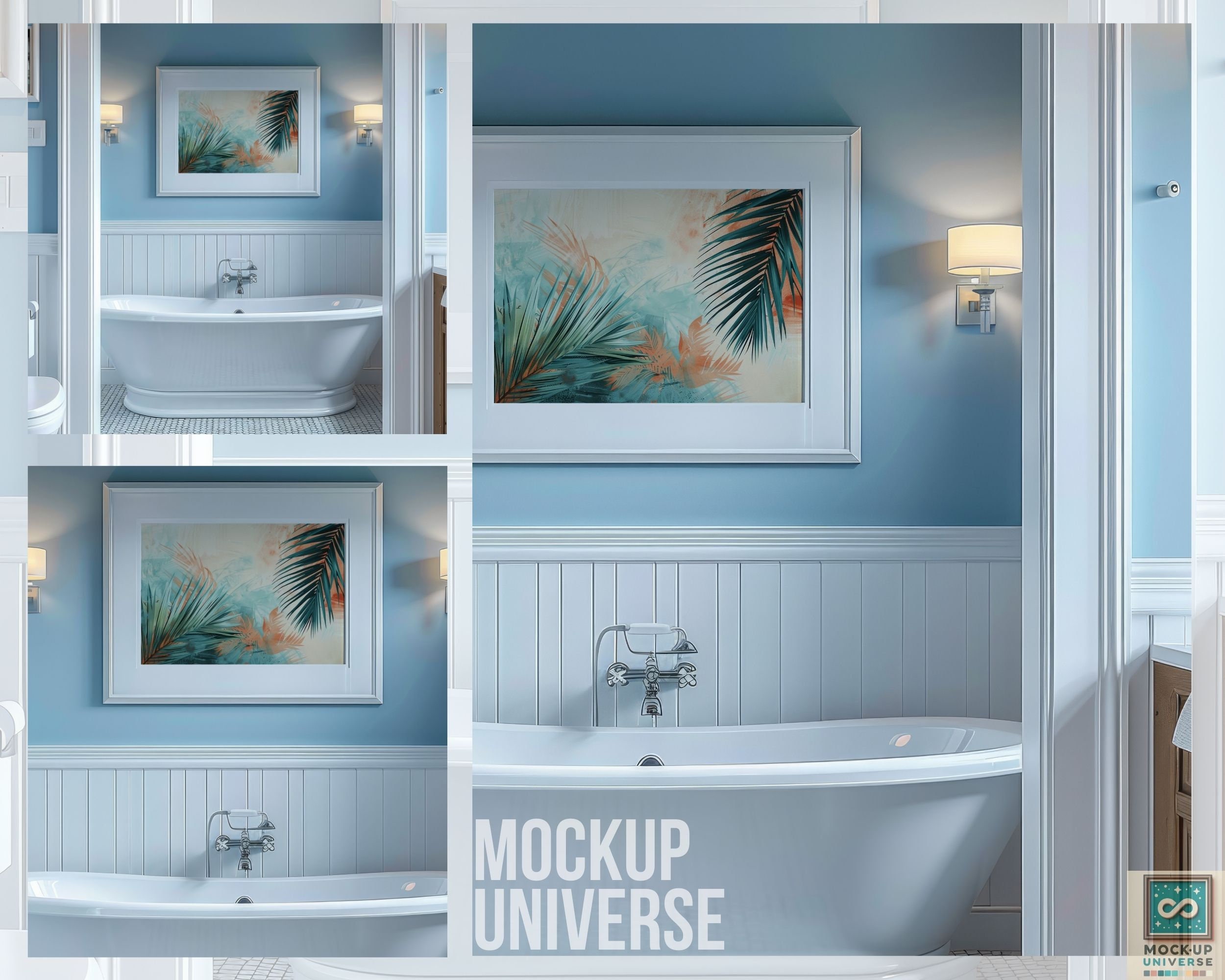 Luxury Blue Bathroom Wall Art Frame Mockup, Minimal White Bathtub ...