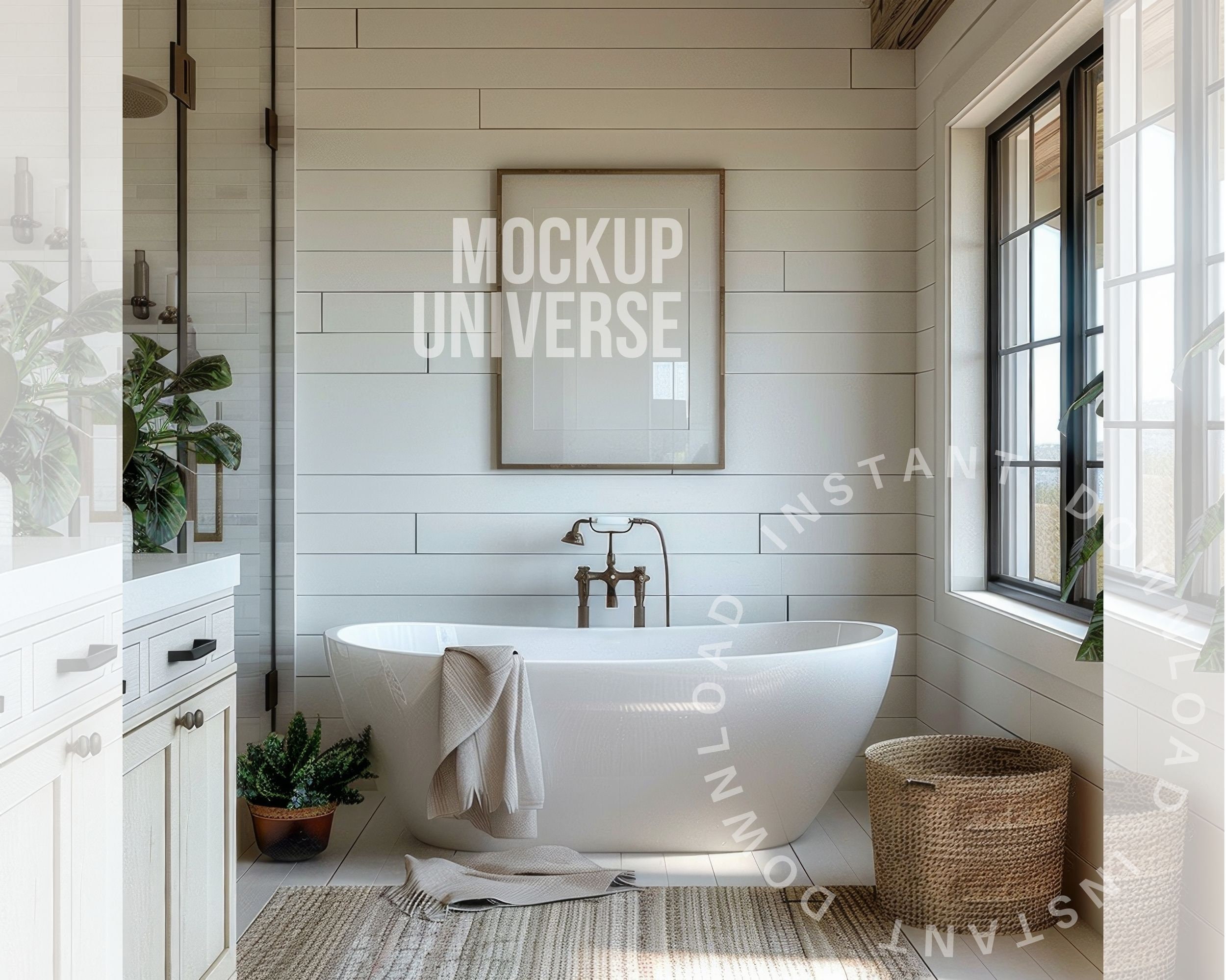 White Bathroom Wall Art Frame Mockup, Minimal Bathtub Artwork Display ...