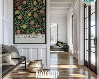 Elegant Entryway Frame Mockup, Classic Paneled Wall Frame Mockup, Neutral Tone Hallway Wall Art Mockup, White Modern Interior Mockup PSD JPG