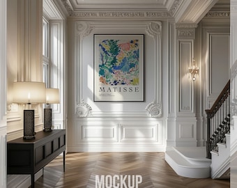 Luxury White Hallway Frame Mockup, Large Wall Art Framed Canvas Template, Minimal Entryway Artwork Display, Elegant Poster Mockup PSD