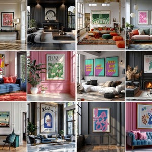 May include: A collection of interior design images featuring various living room settings. Each room showcases framed artwork, sofas, and decorative elements, with a focus on color palettes and overall aesthetic.