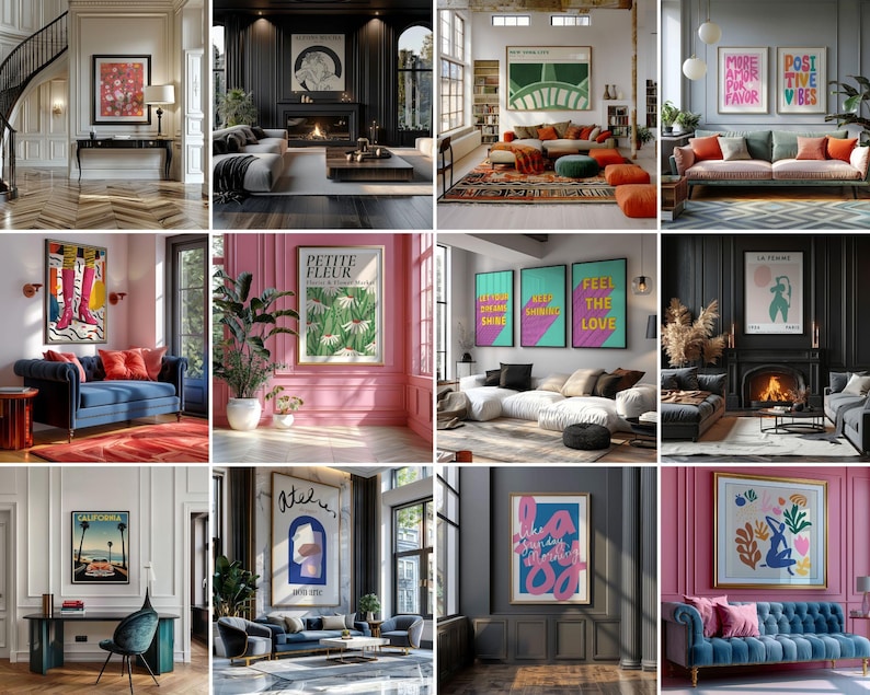 May include: A collection of interior design images featuring various living room settings. Each room showcases framed artwork, sofas, and decorative elements, with a focus on color palettes and overall aesthetic.
