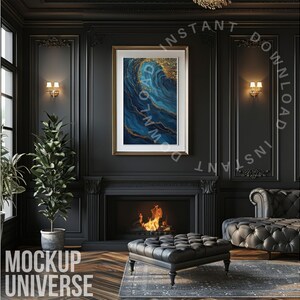 May include: A black framed picture with a blue and gold abstract painting hangs on a black wall above a fireplace. A black leather sofa with tufted upholstery sits in front of the fireplace. The room is decorated in a modern, minimalist style.