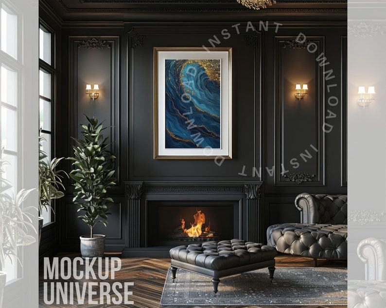 May include: A black framed picture with a blue and gold abstract painting hangs on a black wall above a fireplace. A black leather sofa with tufted upholstery sits in front of the fireplace. The room is decorated in a modern, minimalist style.