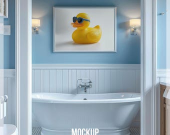 Blue Bathroom Frame Mockup, Horizontal Wall Art Template, Poster Print Mockup, Modern Bathroom Artwork Display, Canvas Mockup PSD Photoshop