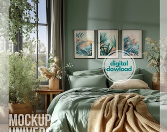 3 Frame Mockup Gallery Wall Art Set in Green Bedroom, Artwork Template For Modern Home Interior, Digital Poster Mockup, PSD Smart Object