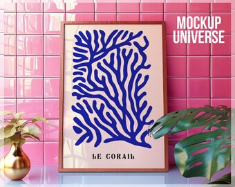 Preppy Pink Frame Mockup, Retro Frame Poster Mockup PSD, Trendy Tile Frame Template, Girly Wall Art Mockup, Picture Mockup for Photoshop