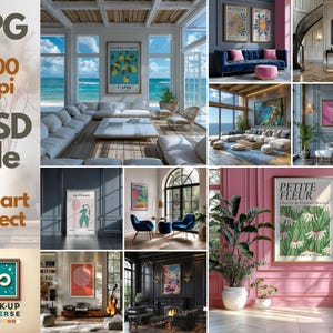 May include: A collection of interior design mockups featuring framed art prints in various settings. The images showcase living rooms, bedrooms, and hallways with different color schemes and furniture arrangements. The art prints have floral, abstract, and landscape themes.