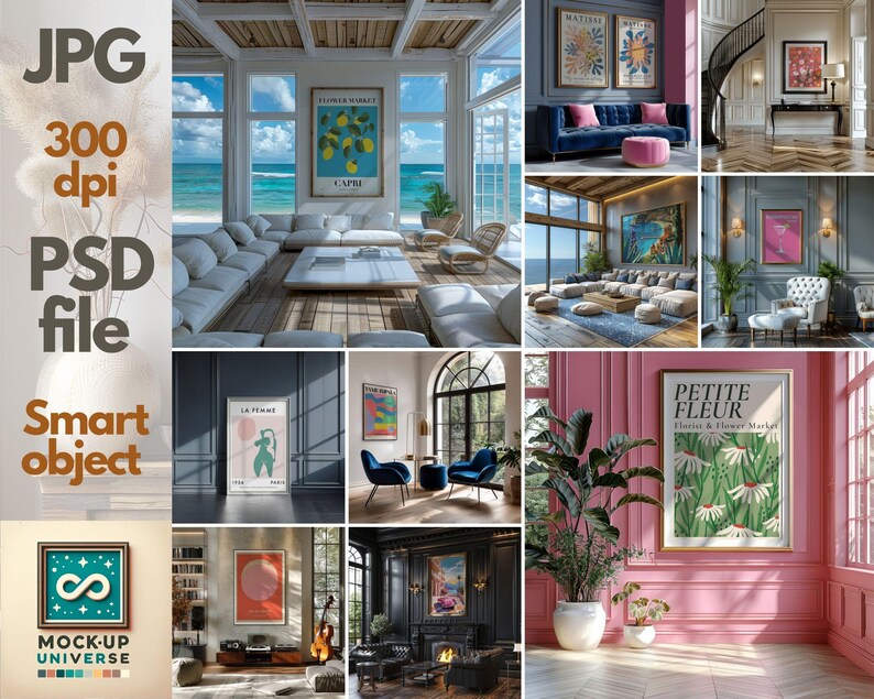May include: A collection of interior design mockups featuring framed art prints in various settings. The images showcase living rooms, bedrooms, and hallways with different color schemes and furniture arrangements. The art prints have floral, abstract, and landscape themes.
