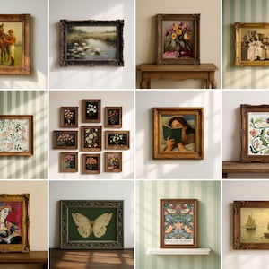 May include: Collection of framed art prints featuring various subjects. Includes a painting of a horse and rider, floral still lifes, landscapes, a woman reading, and botanical illustrations. Each piece is in an ornate, gold-toned frame.