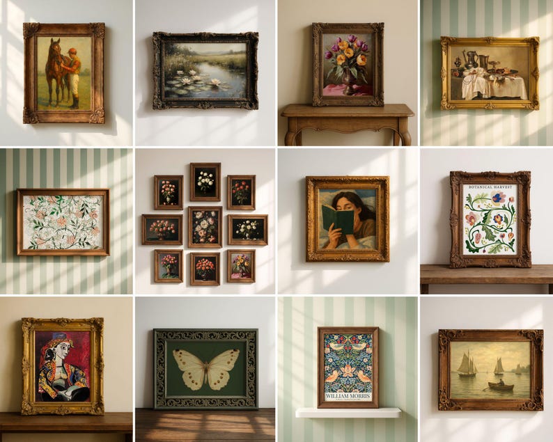 May include: Collection of framed art prints featuring various subjects. Includes a painting of a horse and rider, floral still lifes, landscapes, a woman reading, and botanical illustrations. Each piece is in an ornate, gold-toned frame.