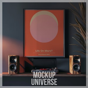 Minimalistischer Musikrahmen Mockup, moderne Meloman-Grafik, Plattenspieler-Mockup-Rahmen, Musikposter-Mockup, Kunstdruck-Mockup Photoshop PSD