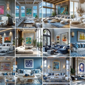 May include: A collection of interior design images showcasing luxurious living spaces. Each room features large sofas, artwork, and coastal views. The color palettes include blues, whites, and neutral tones, creating a serene and elegant atmosphere.