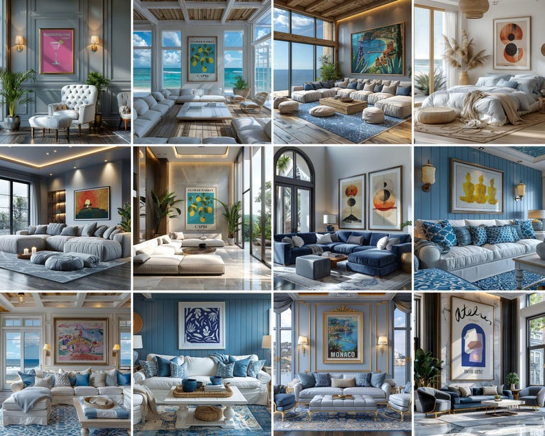 May include: A collection of interior design images showcasing luxurious living spaces. Each room features large sofas, artwork, and coastal views. The color palettes include blues, whites, and neutral tones, creating a serene and elegant atmosphere.