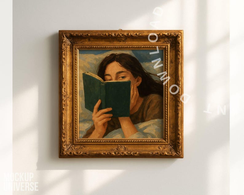 May include: A framed painting featuring a woman reading a book. The woman is in bed, holding a green book up to her face. The painting has a gold ornate frame and is hanging on a white wall.