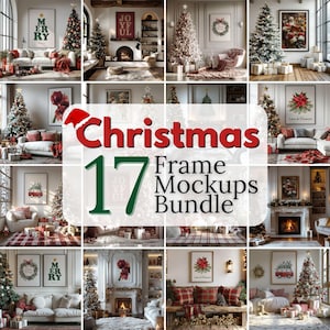 Christmas Frame Mockup Bundle, Festive Winter Interior Mockups, Farmhouse Poster Templates with Christmas Tree, Framed Canvas Mockup for Art
