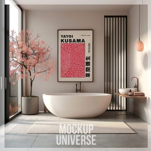 Japan Bathroom Frame Mockup, Minimal Interior Mockup, Framed Canvas Mockup, Modern Bathtub Wall Art Mockup, CLean Poster Print Mockup PSD