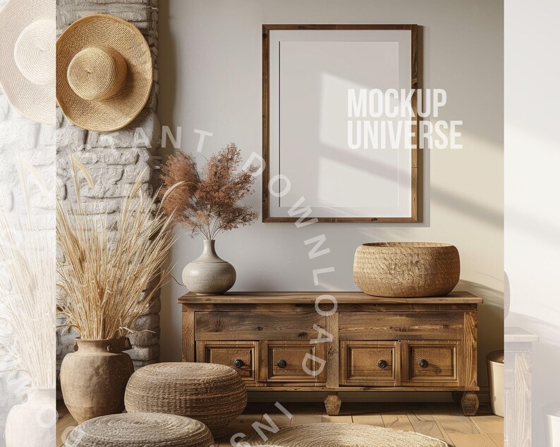 May include: A rustic wooden dresser with four drawers and a woven basket on top. The dresser is in a room with a straw hat, dried pampas grass, and a framed poster that says "MOCKUP UNIVERSE".