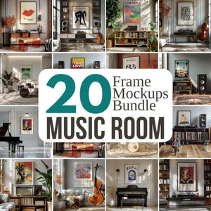 May include: A composite image displaying 20 frame mockups for a music room. The image text reads "20 Frame Mockups Bundle MUSIC ROOM". The mockups include diverse art prints, musical instruments, and audio equipment.