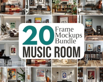 Music Frame Mockup Bundle PSD, Music Room Wall Art Mockups, Modern Framed Canvas Mockup Bundle, Digital Poster Art Mockup for Photoshop