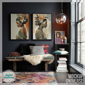 Eklektisches Flur Doppelrahmen Mockup, moderner schwarzer Mockup Eingangsbereich, Galerie Wand Kunst Vorlage, dunkles Kunstwerk Display, Poster Mockup PSD