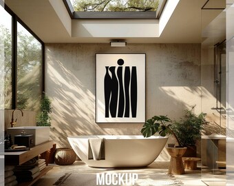 Japandi Bathroom Frame Mockup Bathtub Artwork Mock Up Tropic Interior Mockup Vertical Mockup Frame for Wall Art Poster Mockup PSD Template