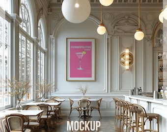 Parisian Cafe Wall Art Mockup, Luxe Frame Mockup, Luxury Gold Framed Canvas Mockup, Modern Poster Mockup, Chic Restaurant Artwork Display