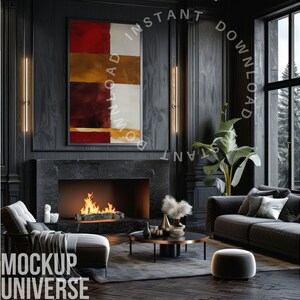 May include: A dark living room interior with a black fireplace, a black sofa, a chaise lounge, and a coffee table with a vase of dried flowers. A large abstract painting with red, yellow, and white colors hangs on the wall above the fireplace.